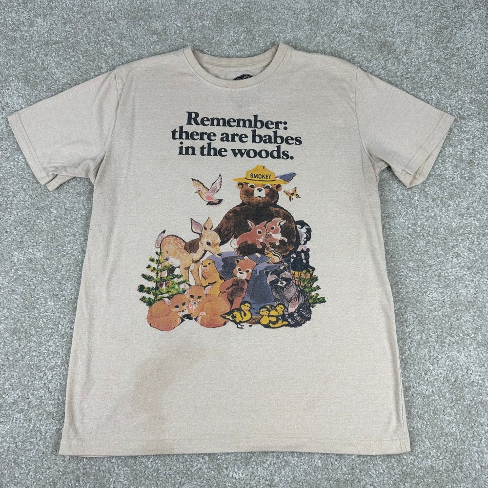 Smokey Bear Graphic T Shirt M Tan Babes in the Woods National Park Nature Retro